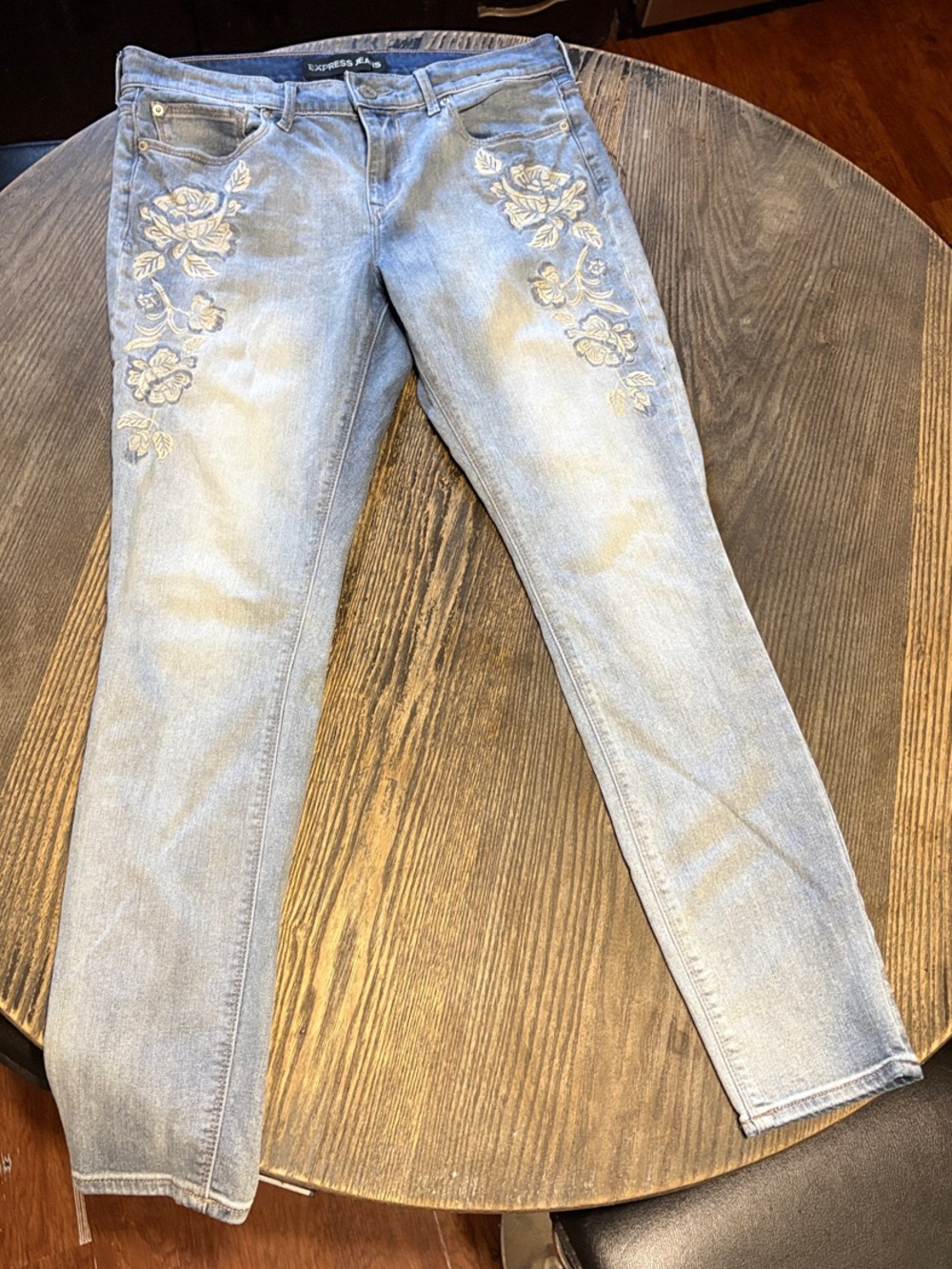 Express Light Blue Skinny Jeans with Floral Embroidery